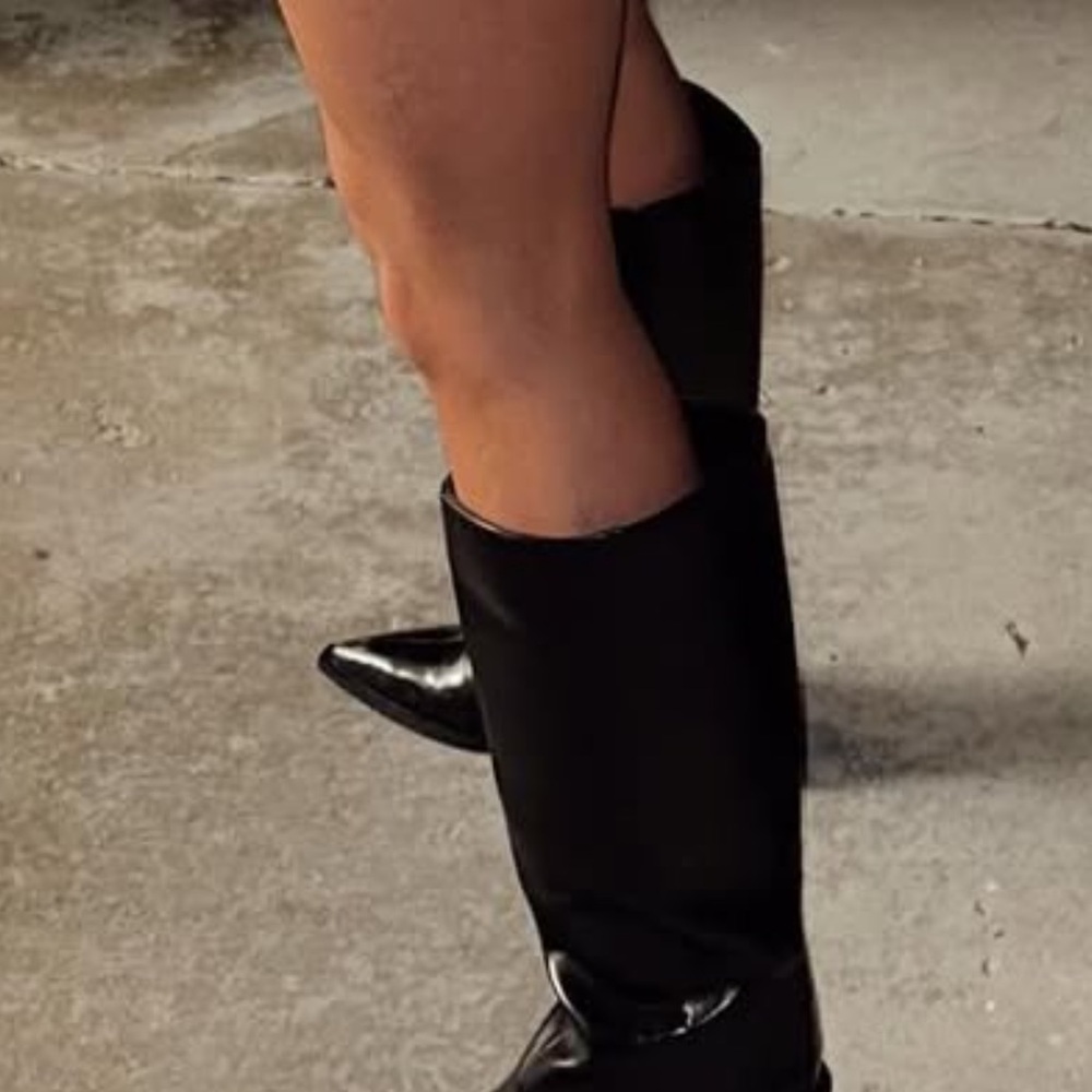 Zara Shiny Black Mid-Calf Leather Heeled Boots - Picture 6 of 6